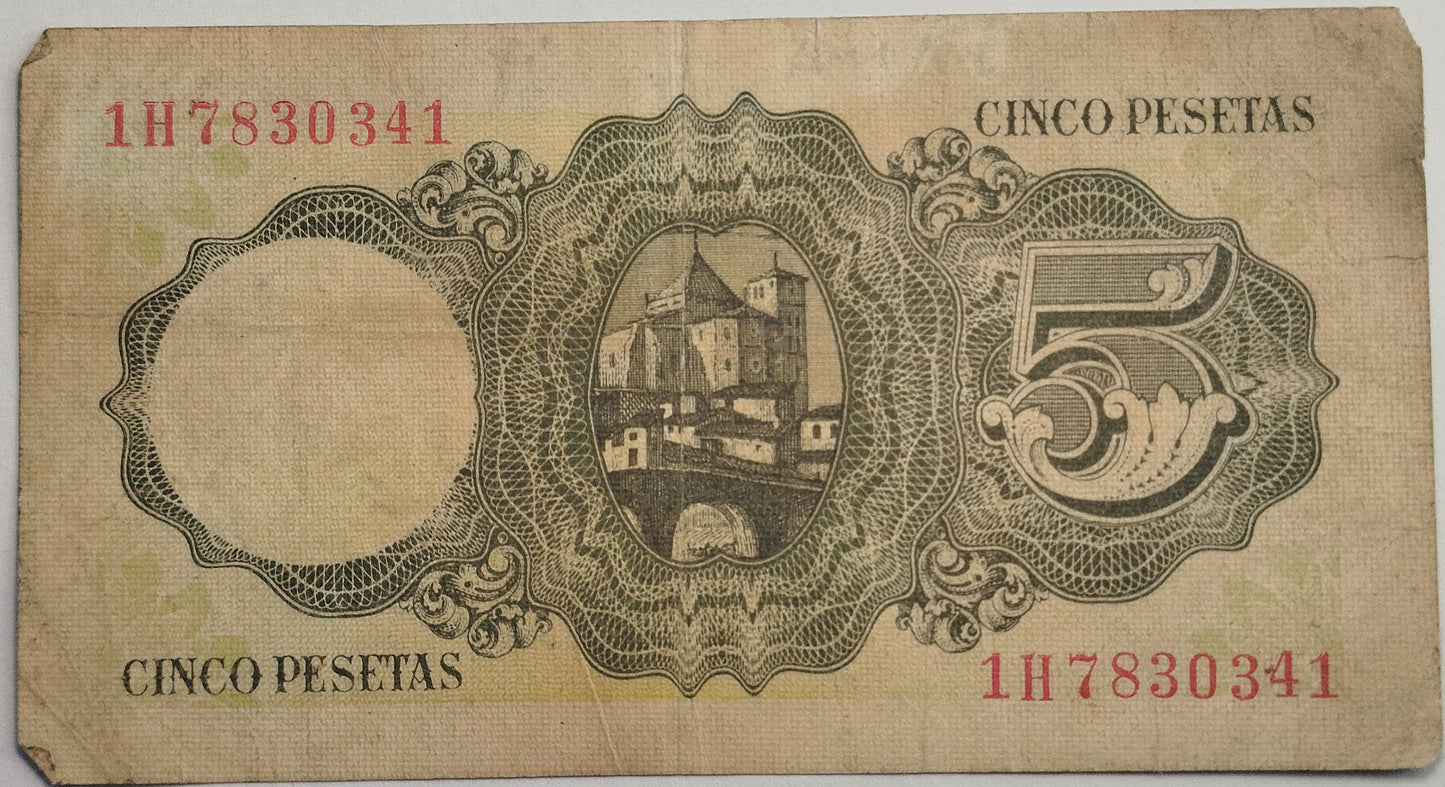 5 pesetas, 16 de agosto de 1951, serie 1H. Circulado