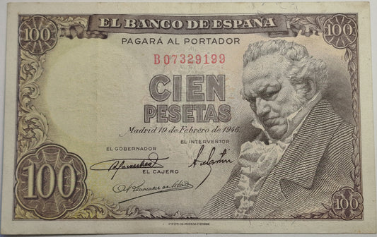 100 pesetas, 19 de febrero 1946, serie B. Circulado.