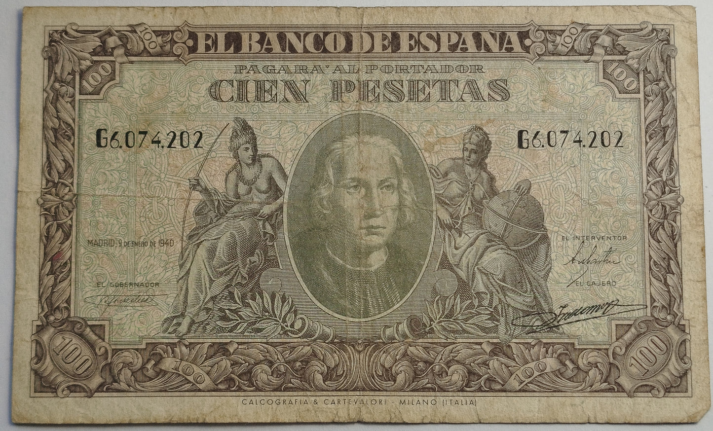 100 pesetas, 9 de enero de 1940, serie G. Circulado.