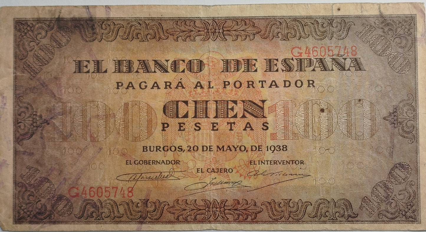 100 pesetas, 20 de Mayo de 1938, serie G. Circulado.