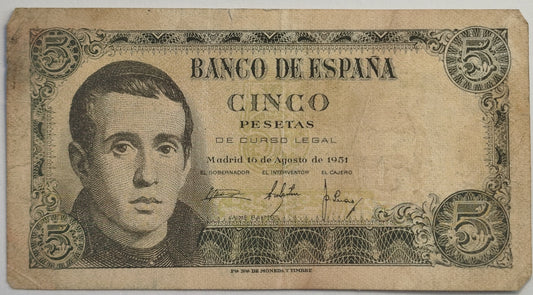 5 pesetas, 16 de agosto de 1951, serie 1H. Circulado