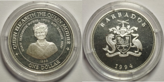 ELIZABETH II. 1 Dollar, conmemoración del 94 aniversario de la Reina Madre, Barbados, 1994.