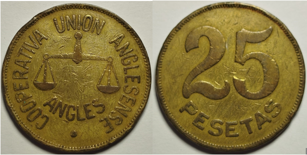 25 pesetas Unión Cooperativa Anglsense (Anglés, Girona).